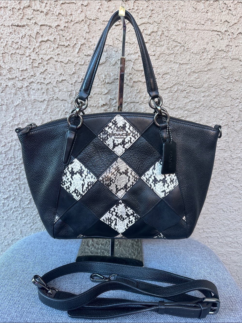 Coach Black Leather Satchel with Snake-Print Patchwork